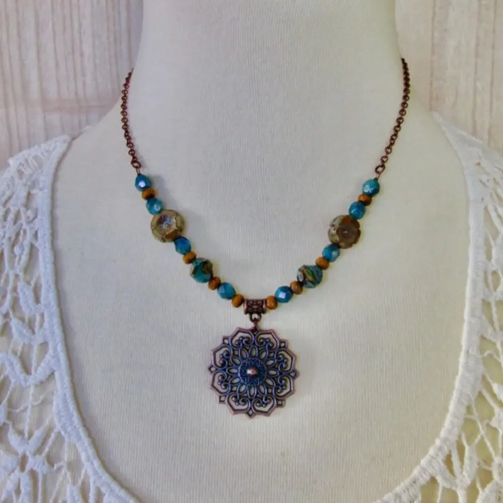 Handmade Autumn Bohemian Style Pendant Necklace Copper Antique Brass Beads